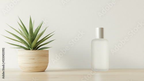 Frosted Glass Serum Bottle on Wooden Table with Small Potted Plant