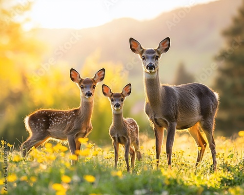 Doe and two fawns in a sunlit meadow.