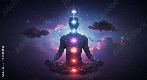 Person Meditating with Chakras Overlay Against Galaxy Backdrop Creates Serene Atmosphere