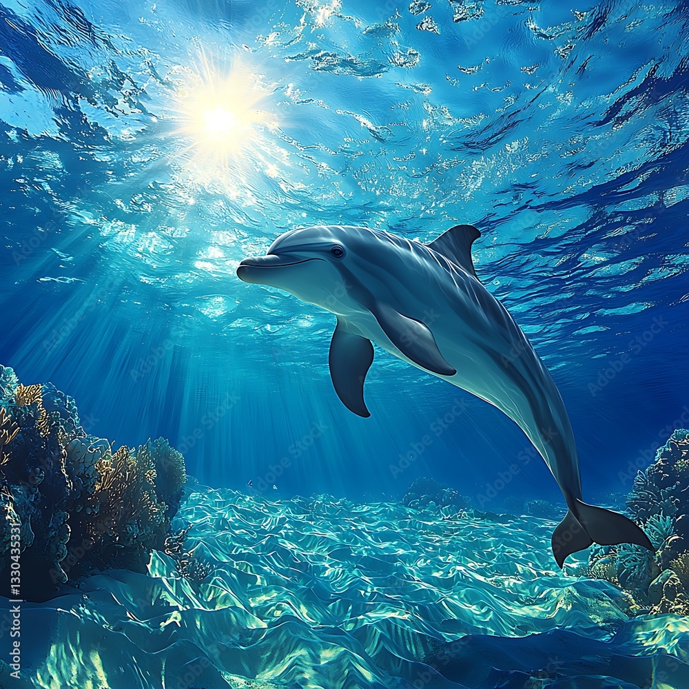 Naklejka premium Dolphin swimming ocean coral reef sun