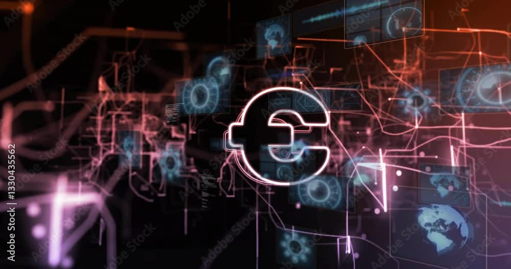 Euro symbol with digital network and data processing animation in background Euro symbol with digital network and data processing animation in background