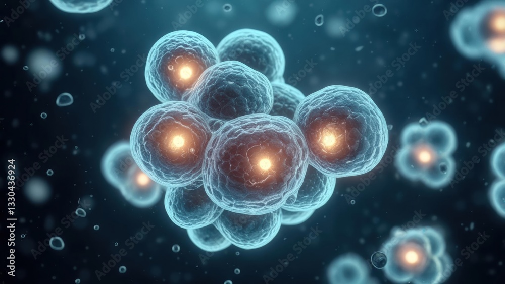 Close-up view of vibrant cells interacting in a microscopic environment Close-up view of vibrant cells interacting in a microscopic environment