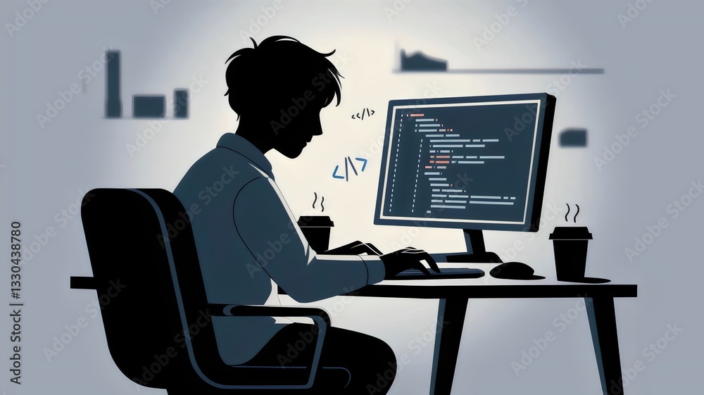 Silhouette of a programmer coding at a desk at night Silhouette of a programmer coding at a desk at night