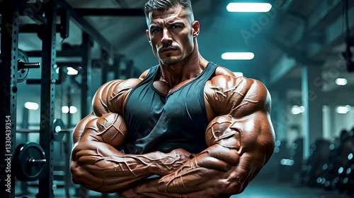 Bodybuilder with Massive Muscles Standing in Gym with Strong Posture Under Dramatic Lighting and Shadows
