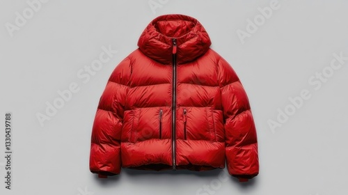 Red puffer jacket, hooded, warm, and stylish