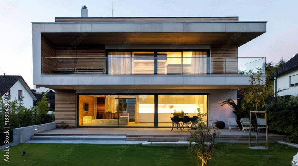 Fototapeta premium Modern architectural house with large windows and open terrace design