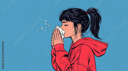 Cartoon Sick Girl Sneezing into Tissue – Vector Style