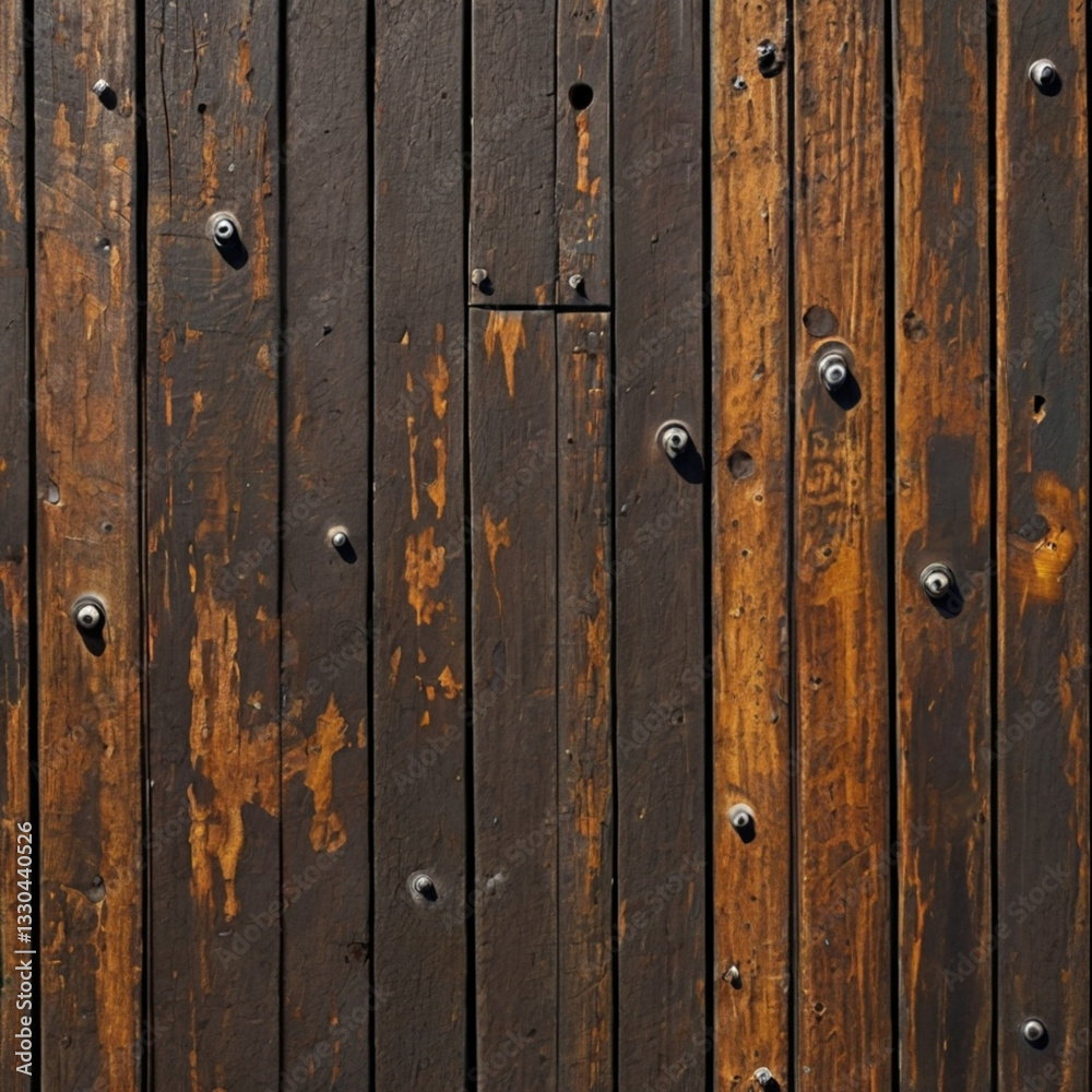 Fototapeta premium Weathered wooden planks with rusty bolts on an old industrial factory wall
