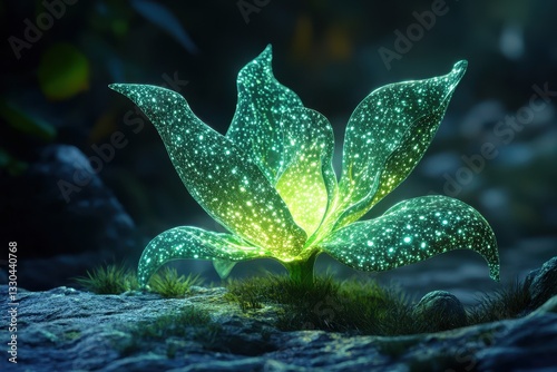 A luminous green glowing flower is blooming in the dark