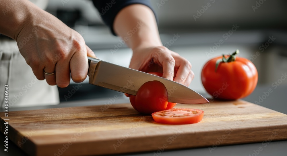 Asian female slicing tomato on wooden cutting board in kitchen Asian female slicing tomato on wooden cutting board in kitchen