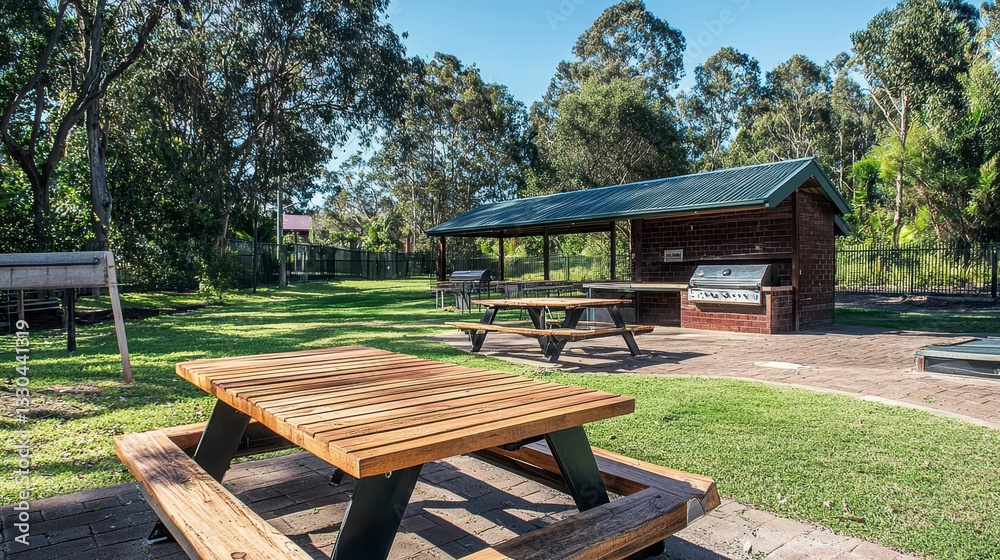 Outdoor Picnic Area with Barbecue Grills and Wooden Tables Outdoor Picnic Area with Barbecue Grills and Wooden Tables