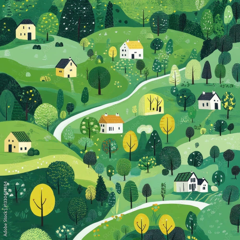 Colorful illustrated painting of houses nestled in a green landscape Colorful illustrated painting of houses nestled in a green landscape