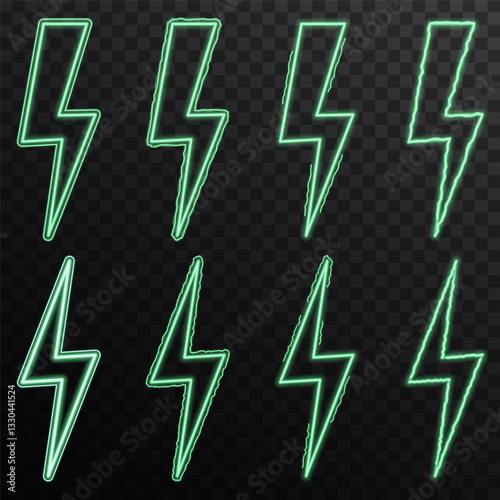 Glowing neon thunderbolt crackles brightly, radiating electric storm energy. High-voltage plasma arc pulses intensely, igniting luminous atmospheric flashes. Lightning bolt silhouette