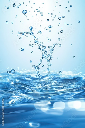 Splashing water droplets against soft blue background for design