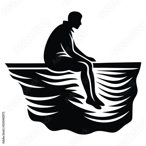 Lonely man is sitting on the cliff silhouette vector