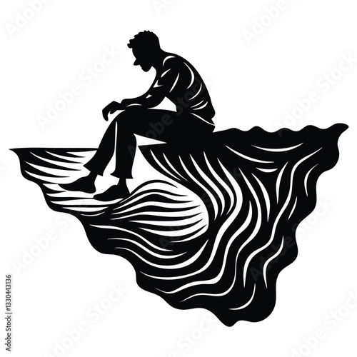 Lonely man is sitting on the cliff silhouette vector