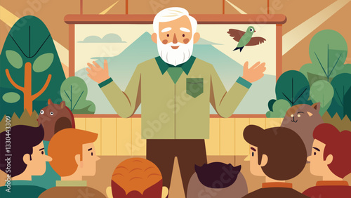 A respected elderly gentleman with a lifetime of accomplishments in wildlife conservation lectures at a local community hall inspiring young minds to take up the cause.. Vector illustration