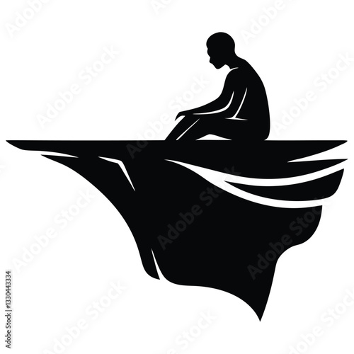 Lonely man is sitting on the cliff silhouette vector