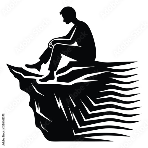 Lonely man is sitting on the cliff silhouette vector