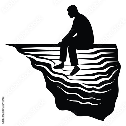 Lonely man is sitting on the cliff silhouette vector