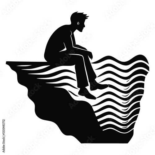 Lonely man is sitting on the cliff silhouette vector