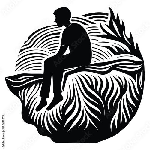 Lonely man is sitting on the cliff silhouette vector