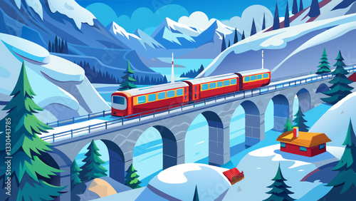 Red train crossing bridge in swiss alps during winter