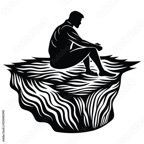 Lonely man is sitting on the cliff silhouette vector