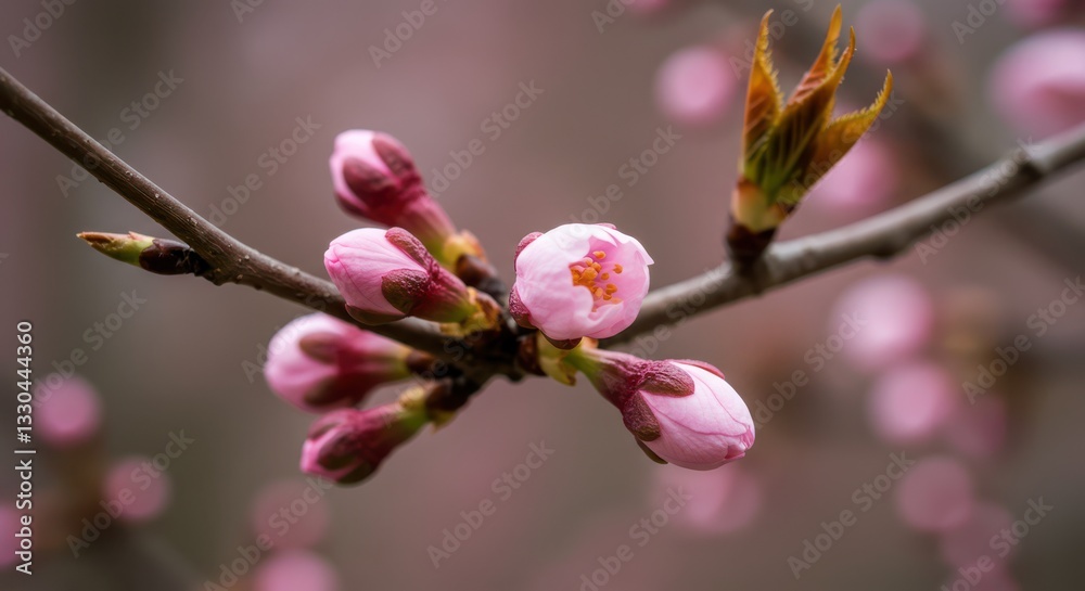 Fototapeta premium Pink Blossom Buds on Branch Opening Up in Early Springtime