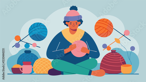 A knitter surrounded by balls of yarn their needles quickly working to create cozy scarves and hats for customers to purchase.. Vector illustration