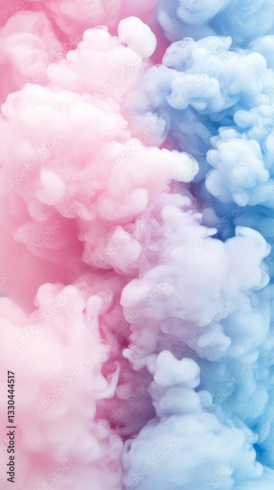 Fototapeta premium Colorful smoke creating abstract shapes with pink and blue colors filling the frame vertically
