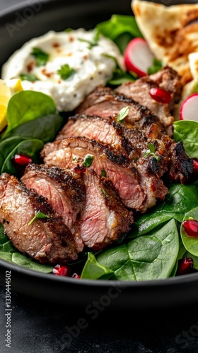 Sliced butterflied lamb leg with baharat and pomegranate served on baby spinach with sides of hummus, tzatziki, pickles, radishes, and pita