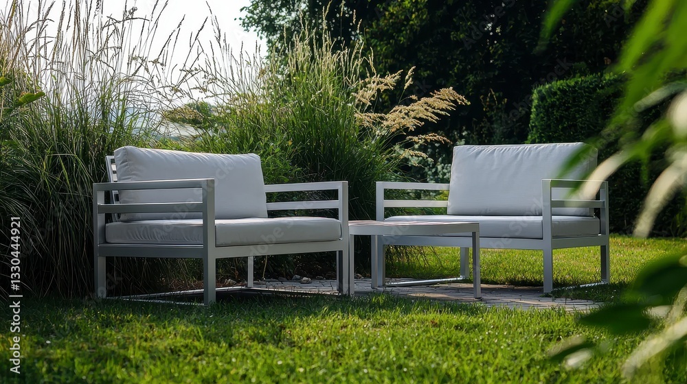 Elegant Outdoor Seating Area with Two White Cushioned Chairs Elegant Outdoor Seating Area with Two White Cushioned Chairs