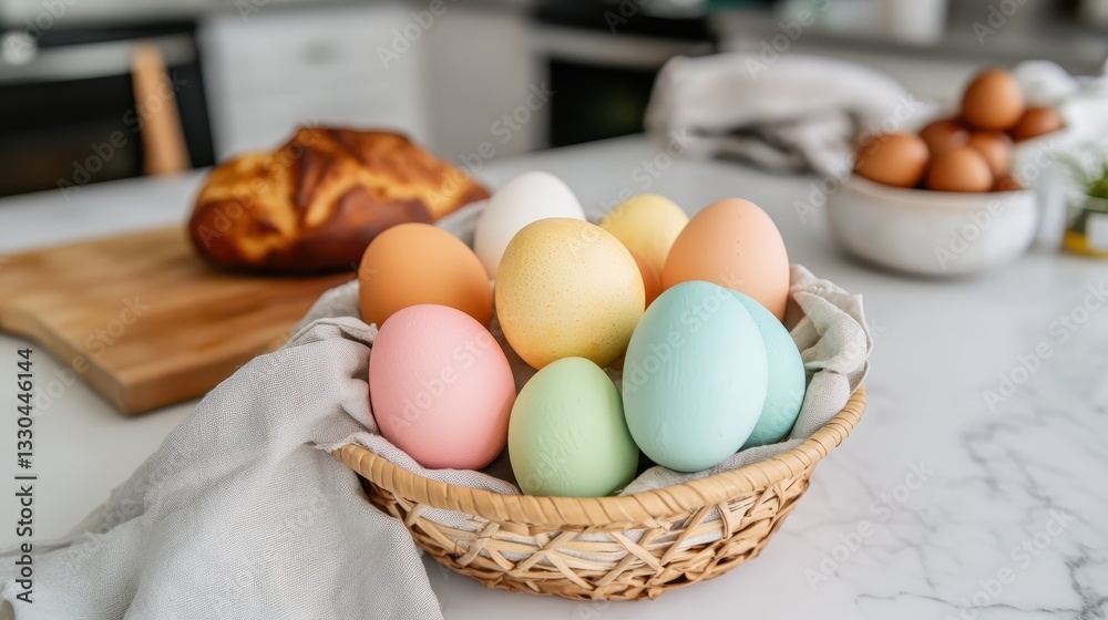 Pastel Easter Eggs in a Basket on a Kitchen Counter