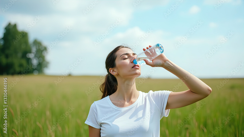 young woman on meadow holding water in transparent plastic bottle. woman doing yoga in nature. young woman on meadow holding water in transparent plastic bottle. woman doing yoga in nature.
