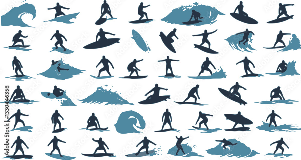 Naklejka premium Surfing Silhouette, vector set of surfer silhouette, surf vector pack