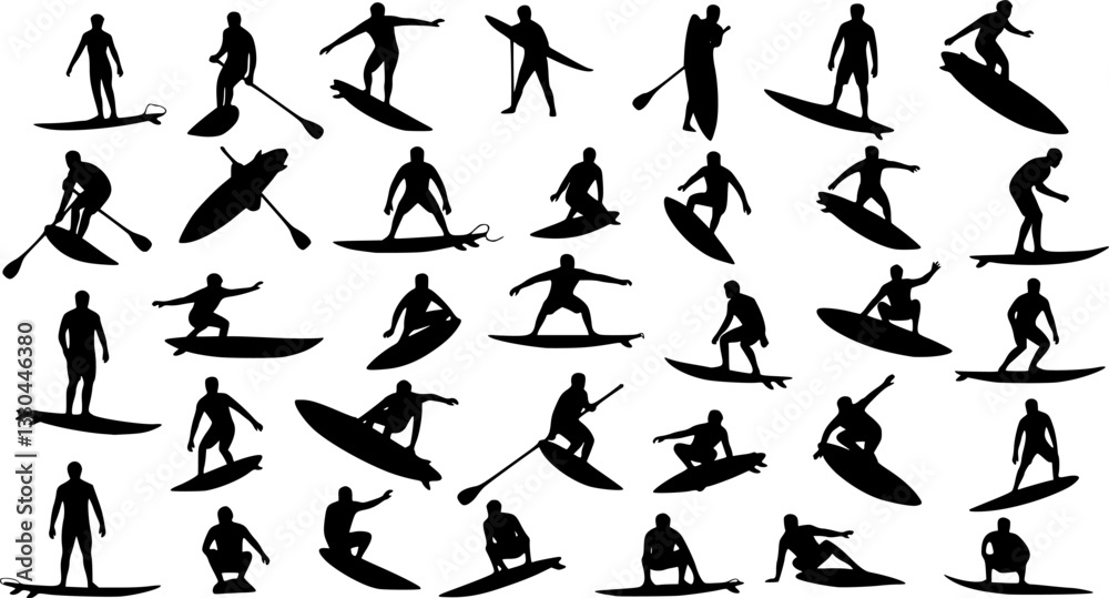 Obraz premium Surfing Silhouette, vector set of surfer silhouette, surf vector pack 