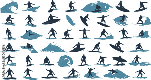 Surfing Silhouette, vector set of surfer silhouette, surf vector pack
