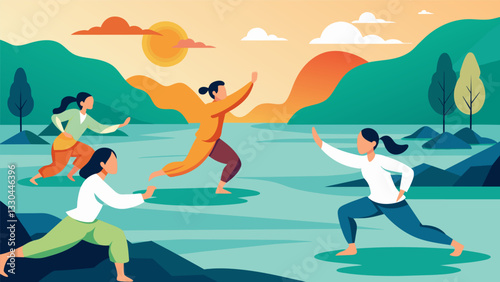 A serene expression graces the faces of those practicing Tai Chi by the rivers edge in the early morning hours the sound of water providing a gentle soundtrack.. Vector illustration