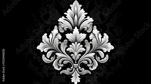 Elegant Silver Damask Floral Design on Black Background