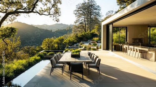 Scenic Outdoor Dining Area with Mountain View During Golden Hour