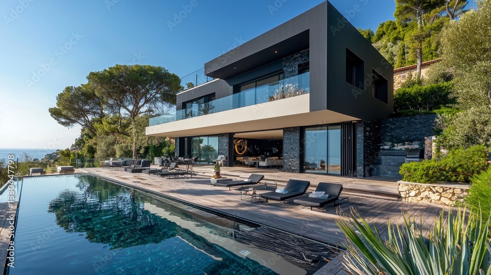 Fototapeta premium Modern Villa with Pool and Ocean View Surrounded by Nature