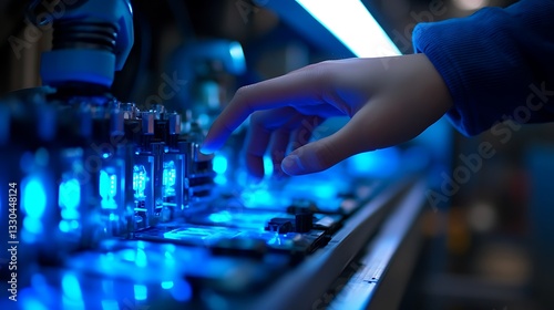 Hand Operating Industrial Control Panel, A hand operating a control panel in a dimly lit industrial setting, with buttons and switches visible