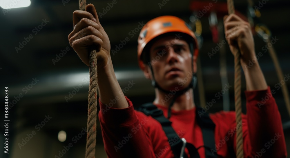 Young hispanic male wearing helmet engaging in indoor rope climbing activity Young hispanic male wearing helmet engaging in indoor rope climbing activity