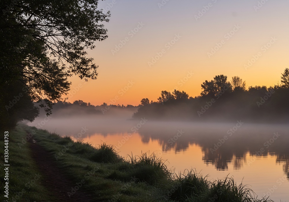 Serene River Mist at Sunrise Peaceful Dawn. AI Generated Serene River Mist at Sunrise Peaceful Dawn. AI Generated