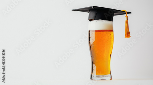 Un birrete de graduado de acto de graduación de universidad sobre una cerveza lager