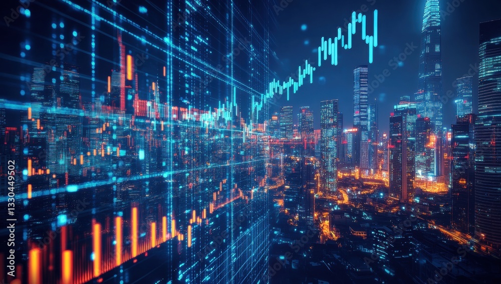 Fototapeta premium Digital stock market with numbers, city skyline in the background, large text Generative AI