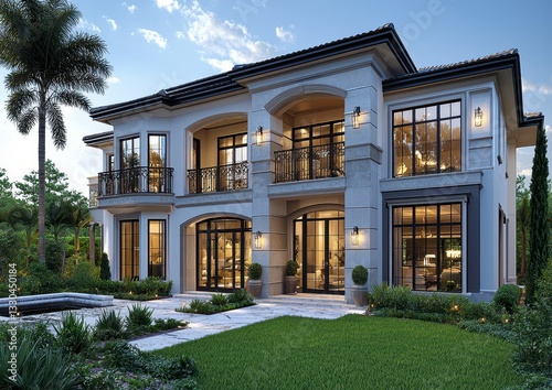 Elegant Modern House with Lush Garden at Dusk