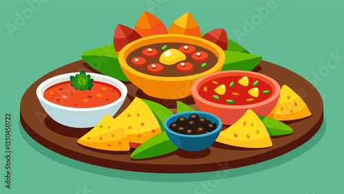 A vibrant platter of homemade salsas featuring classic pico de gallo tangy corn and black bean salsa and y chipotle salsa served with a side of golden. Vector illustration