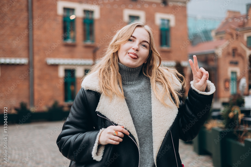 Laughing young woman posing on the urban background. Cute beautiful woman shoving two fingers. Urban lifestyle concept. Portrait of happy woman looking at camera outdoor. High quality photo.